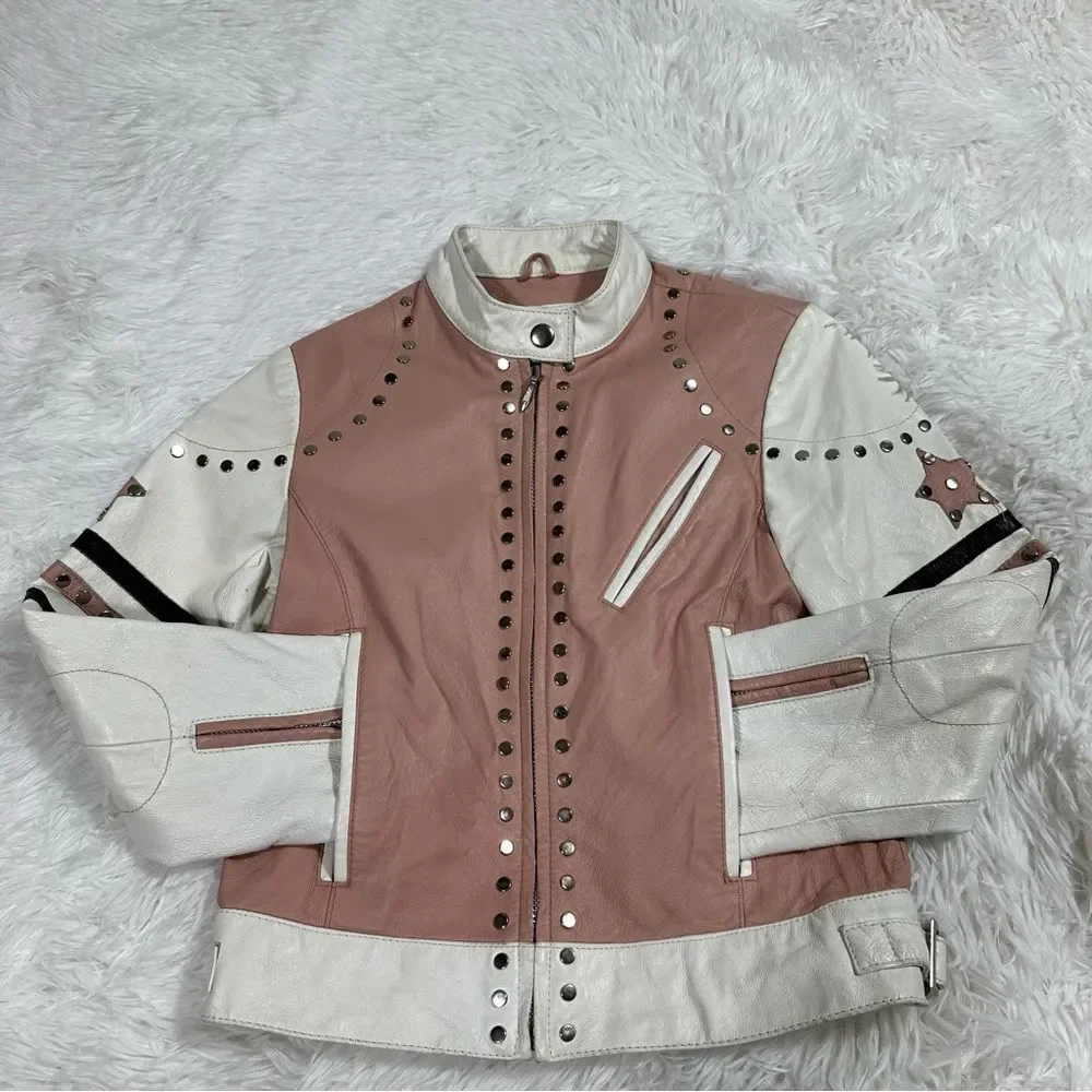 Rare Wilsons Leather Kids Studded LeatherJacket Size M Pink With Star Y2K Style